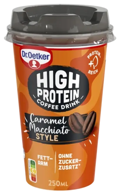 Dr. Oetker High Protein Kávé Caramel Macchiato stílusban
