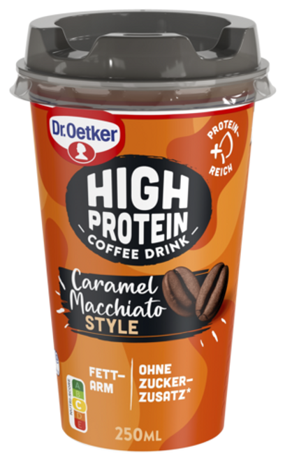 Dr. Oetker High Protein Kávé Caramel Macchiato stílusban